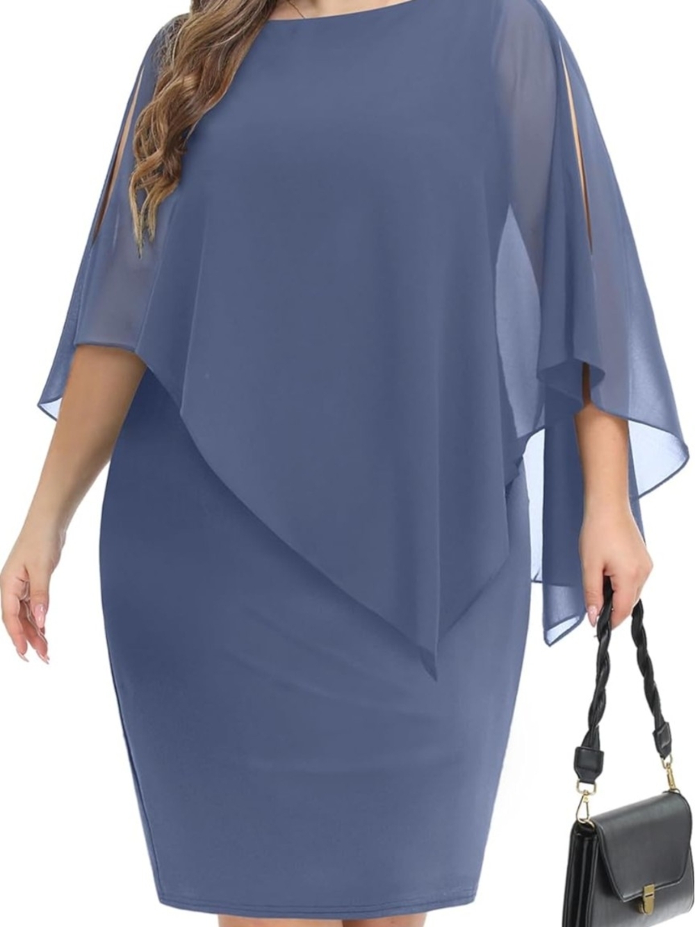 Plus Size Slate Blue Chiffon Overlay Midi Dress